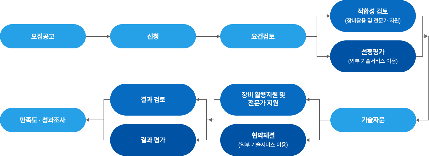 장비 활용 지원 및 전문가 지원 절차를 나타내는 흐름도.
            첫 단계: 모집공고 → 신청 → 요건검토.
            다음 단계: 적합성 검토(장비활용 및 전문가 지원), 선정평가(외부 기술서비스 이용).
            그 후: 장비 활용지원 및 전문가 지원, 협약체결(외부 기술서비스 이용).
            병행 과정: 기술자문 진행.
            마지막 단계: 결과 검토, 결과 평가, 만족도·성과조사로 이어짐.
            전체적으로 모집에서 신청, 검토, 지원, 평가, 성과조사까지 이어지는 절차를 시각적으로 도식화.